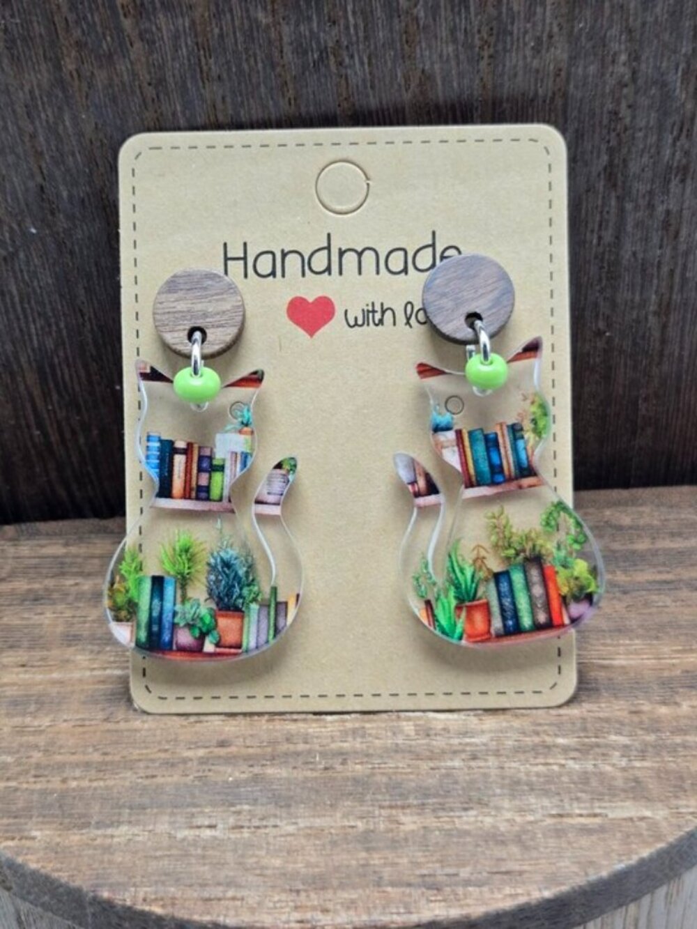 NWT Books Cats Plants Earrings Pierced Acrylic Glass Beads Dangle Drop Handmade
